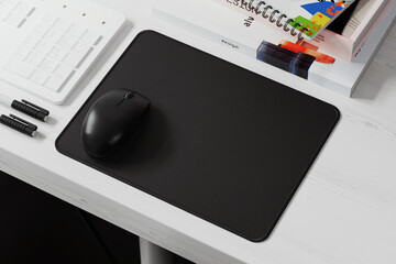 Pad with mouse on white wooden table mockup. 3D rendering © alex