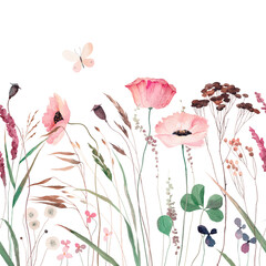 Watercolor illustration with wildflowers, herbs and butterfly. Panoramic horizontal isolated illustration. Summer meadow. Illustration for card, border, banner or your other design. Seamless pattern.