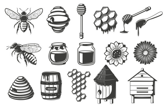 Stencil honey. Bee icon, honeycomb cells and apiary beehive. Honey dipper and glass jars vector Illustrations set