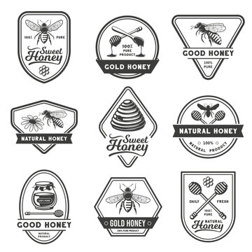 Honey labels. Vintage honeycomb emblem, bee farm stamp and apiary beekeeping vector set