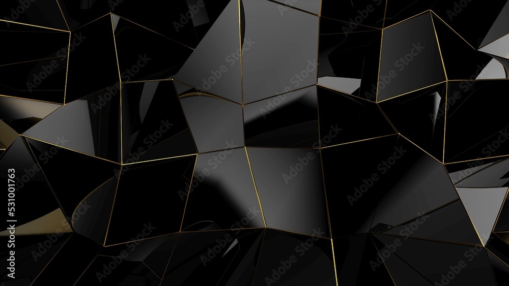 Poster Abstract black geometric bumpy surface with kinks from glossy blocks and yellow connections. Minimal quadrilateral grid 3d rendering in black. Computer gometric background for presentation.