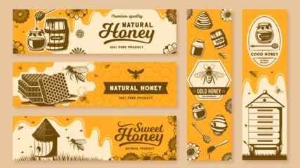 Fotobehang Hone banners. Healthy natural sweets, bee farm products and header with honeycomb cells vector illustration set © WinWin