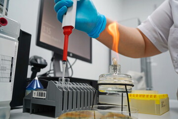 Almaty, Kazakhstan - 08.15.2022 : The laboratory assistant pours the liquid into the flask with a dispenser.