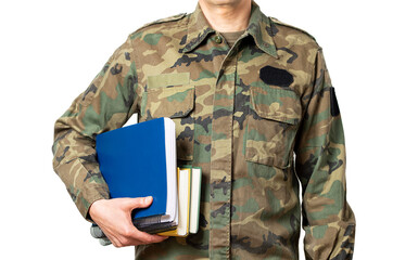 Soldier with books in hand and ready to go back to school as a student against a white background
