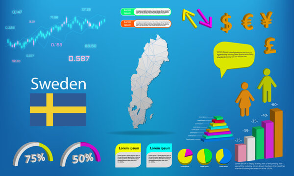 Sweden map info graphics - charts, symbols, elements and icons collection. Detailed Sweden map with High quality business infographic elements.