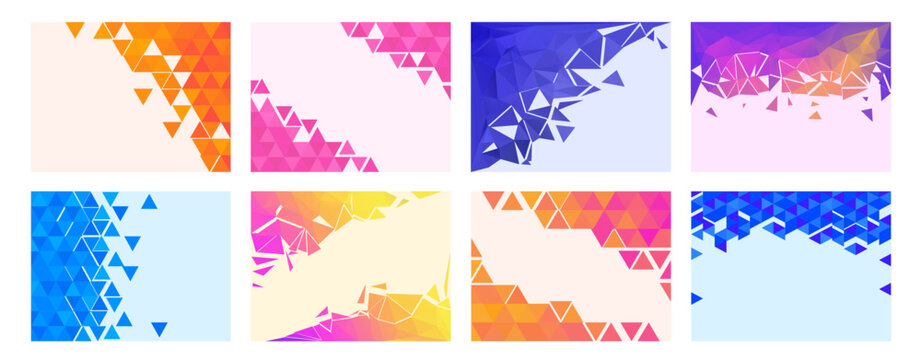 Color triangles background template. Corner gradient triangle pattern, creative triangulation poster with free space for text vector backdrop set