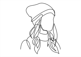 Line icon girl in winter hat-continuous line drawing