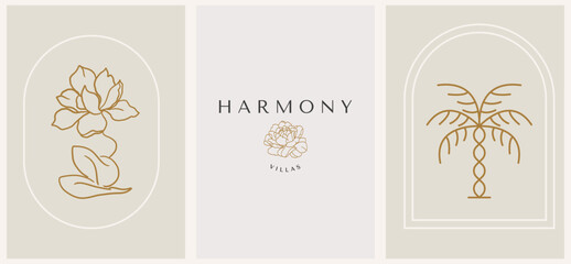 Abstract summer logo template with palm trees and woman silhouette. Modern minimal set of linear icons and emblems for social media, accommodation rental and travel services.