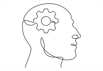 Head of a man with gears inside, drawn in one line on a white background. One-line drawing. Continuous line. 