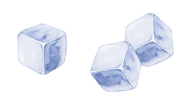 Set of three watercolor hand drawn ice cubes isolated on white background.