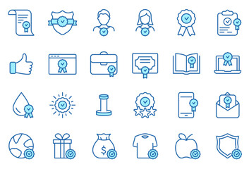 Quality Control and Check Mark Linear Icons Set. Food, Clothes, Water Certification Procedure, Inspection, Certification, Approval, Confirmation Color Icons. Editable stroke. Vector illustration