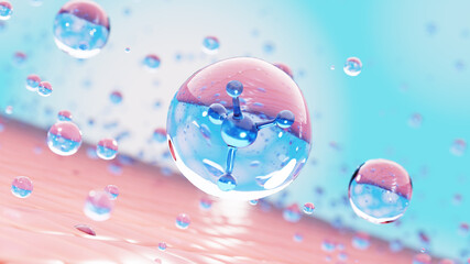 Molecule collagen inside Transparent liquid bubble on soft background, concept skin care cosmetics solution. 3d rendering. - obrazy, fototapety, plakaty