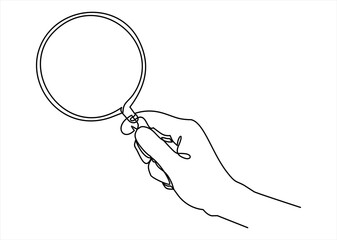 Holding magnifying glass line icon- continuous line drawi
