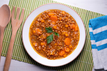 Lentils with carrots. Traditional northern spanish tapa.