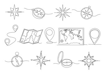 One line location. Hand drawn travel compass, journey route map and pin icon. Geography and tourism vector illustration set