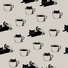 Pattern cat and coffee. Suitable for bed linen