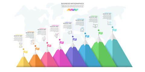 Timeline vector infographic. Modern mountain graph with eight steps, achievement, mission business options. Report charts for web, app, project, chart, banner, presentations