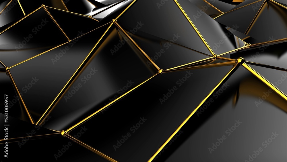 Poster Abstract black geometric bumpy surface with kinks from glossy blocks and yellow connections. Minimal quadrilateral grid 3d rendering in black. Computer gometric background for presentation.
