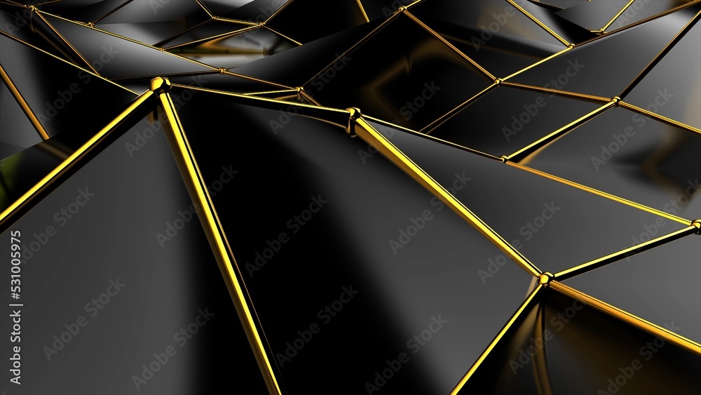 Poster Abstract black geometric bumpy surface with kinks from glossy blocks and yellow connections. Minimal quadrilateral grid 3d rendering in black. Computer gometric background for presentation.