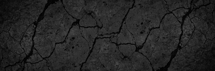 Black white wall with cracks texture background. Space for design. Old broken damaged crumbled concrete surface. Close-up. Dark grunge banner. Wide. Long. Panoramic. Horror, spooky, creepy. Halloween. - obrazy, fototapety, plakaty