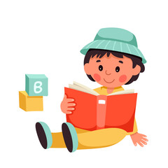 Cute child reading book vector illustration. Cartoon isolated happy baby boy sitting on floor with open book and abc cubes to study and read fairytale story, young preschool character studying