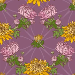 Fototapeten Floral seamless pattern of hand drawn chrysanthemums. Vector pattern of pink and yellow flowers on a plum-colored background. © Svetlana