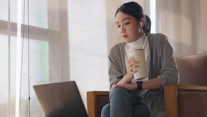 Bring your own cup glass in zero waste eco friendly cafes. Asia smart adult people city life work hybrid workplace office drink hot mug tea coffee bottle sit relax easy in shop look read mobile news.