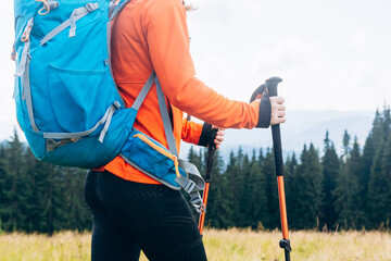 Hiker walking in mountains with poles on path in mountains. Close up of hiker sticks poles and...