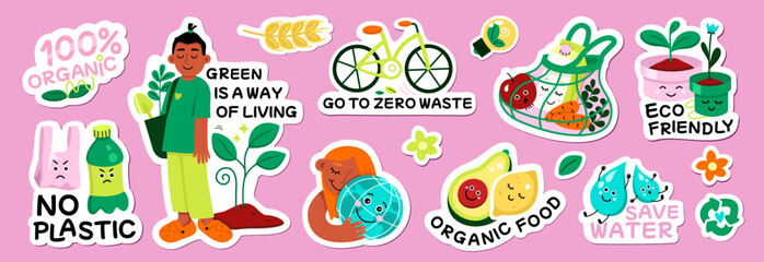 Eco friendly, zero waste lifestyle stickers set vector illustration. Cartoon environmental protection badges with save planet ecology, reuse plastic and recycle slogans isolated on pink background
