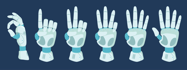 Counting robot hand. Count with cyber hands gestures, robotic arm fingers from zero to five cartoon vector illustration set