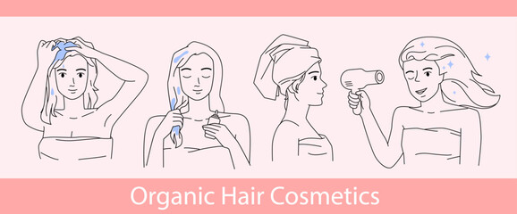 Home hair care and treatment outline set vector illustration. Girls wash hair with shampoo, apply organic moisturizer product and dry with towel and hairdryer, lifestyle routine of lady banner