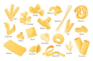 Italian pasta shapes. Fettuccine, spaghetti and lasagna. Dry cannelloni, ravioli and macaroni. Pasta ingredients cartoon vector illustration set