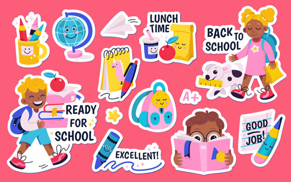 School stickers set vector illustration. Cartoon isolated schoolboy and schoolgirl carrying backpack, books and lunchbox, cute smart kids, elementary pupils on pink background. Education concept