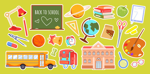 Naklejka premium Back to school stickers set vector illustration. Cartoon isolated stationary equipment, paper notebook and books to study, school bus and building, blackboard on green background. Education concept
