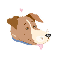 Vector illustration of the head of a cute dog. Muzzle, protruding tongue. A dog of the Jack Russell terrier breed. Isolated on white background.