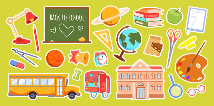 Back to school stickers set vector illustration. Cartoon isolated stationary equipment, paper notebook and books to study, school bus and building, blackboard on green background. Education concept