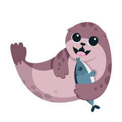 Cute baby seal holding fish to eat vector illustration. Cartoon isolated happy aquatic animal character eating, wild or zoo walrus with funny snout and smile, saltwater marine wildlife and nature