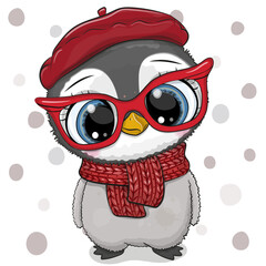 Cartoon Penguin in red beret with red glasses