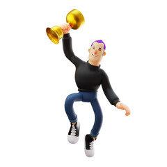 3D illustration. Cool Guy 3D character with gold trophy. lift the cup with one hand. with a happy expression. 3D Cartoon Character