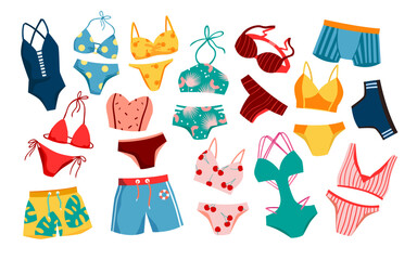 Swimsuit set vector illustration. Cartoon isolated swimwear fashion for man and woman, bikini and bra for girls, boxers and shorts for boys, colorful stylish beachwear summer garment for beach party