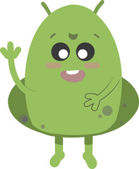 Cute space alien, happy friendly monster with ufo. Kawaii style Martian in space. Vector illustration isolated on dark background.