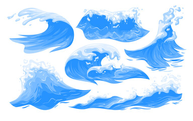 Sea, ocean blue waves set vector illustration. Cartoon isolated splashes with foam texture on wavy water surface, silhouettes of waves at surf of flood and beach tide, motion of liquid collection