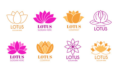 Lotus flower emblem. Water lily blossom label, beauty spa sign and yoga business vector template set