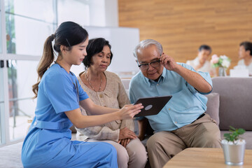 Caregiving nurse working in elder home care service showing health condition report to senior retirement ege person and call for meeting to brieft consult to senior personnel how to maintain healthy
 - Powered by Adobe