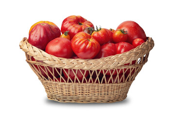 Basket with tomatoes isolated on white background.