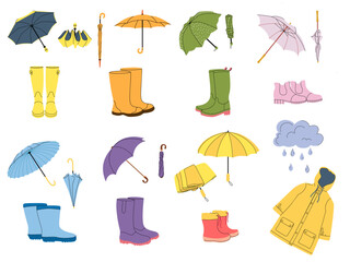 Accessories for rainy weather. Rain boots, raincoat and umbrella. Rubber footwear, folded and open parasol vector Illustration set
