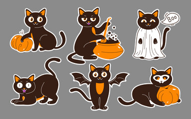 Halloween cats stickers. Black cats with a pumpkin, in costumes and with a potion. Flat vector illustration

