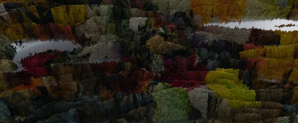 Abstract colorful forest with lakes background. Yellow landscape with 3d render green ponds and orange green trees. Accumulations of colored minerals with visible puddles of water