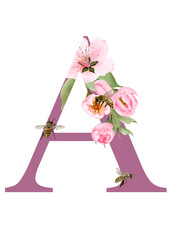 beautiful alphabet A with hand drawn of cherry blossom