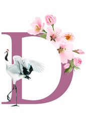 Obraz na płótnie Canvas beautiful alphabet D with hand drawn of cherry blossom